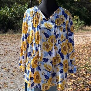 Kim Rogers v-neck blouse sunflower blue floral print Petite Long Sleeve -large